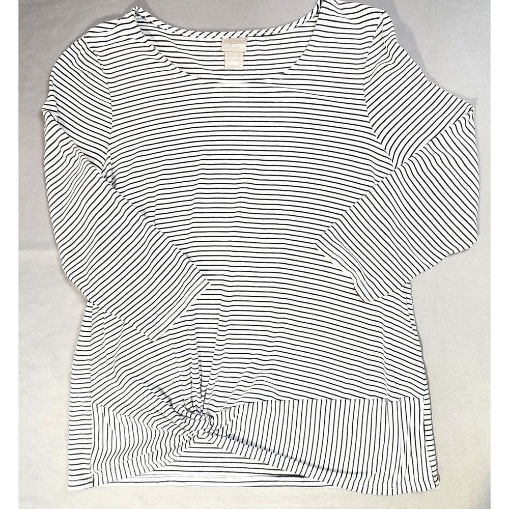 Chico's Womens White/Black Stripe 3/4 Sleeve Gathered Waist Size 1 ( Medium )